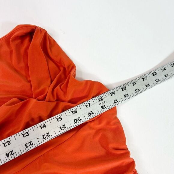 Lauren Ralph Lauren Midi Dress Womens 14 Red Stretch Drapered Neck Ruched Side - Picture 5 of 9